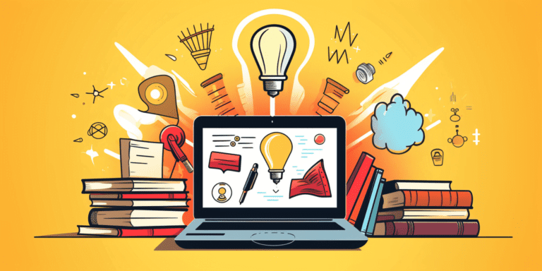 A laptop surrounded by books, a light bulb and elements of an online course are displayed