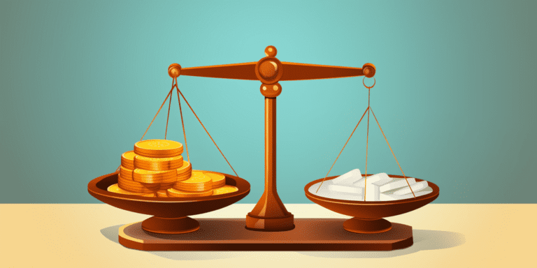 A balance scale with money on one side and goods on the other