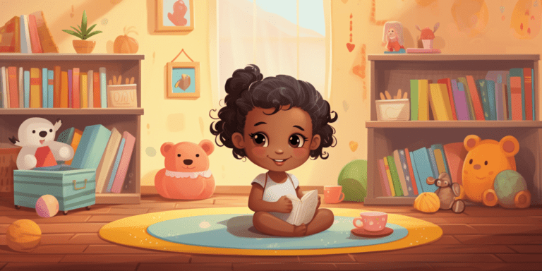 Very young girl sitting and reading in a babysitting business environment