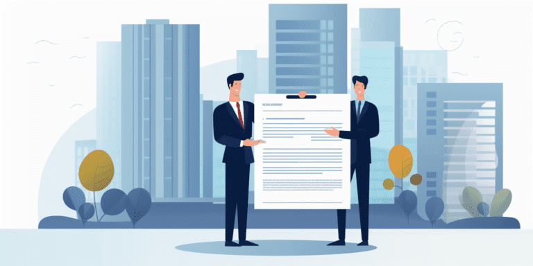Two men presenting a business contract sample in front of city view