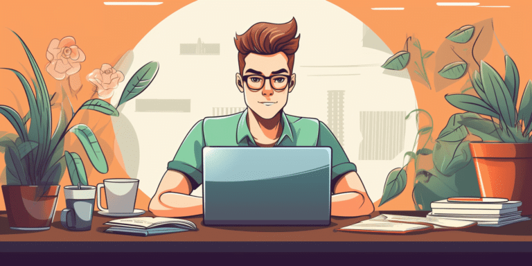 Man at desk working on computer for his content writing & blogging business