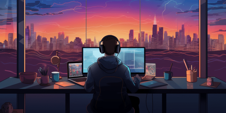 person working on computer designing mobile apps for his custom application development services business.