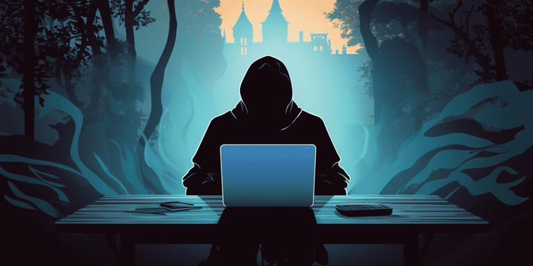 eBook Ghostwriter silhouette sitting at laptop writing eBook with a shadowy ghostly background.