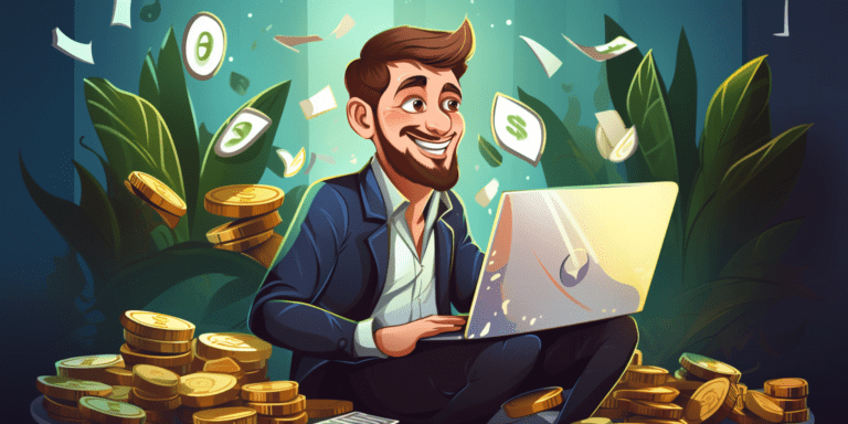 Man surrounded by money while making money online through affiliate marketing.