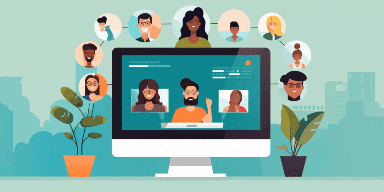 Person presenting on a screen. People's faces shown around the screen representing an online webinar hosting.