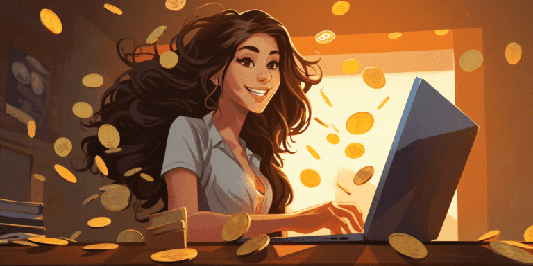 Young woman watching money fall around her as every pay-per-click of her PPC advertising business generates coins.