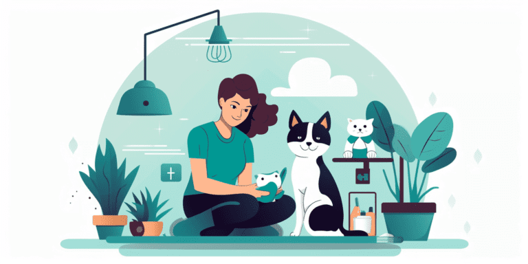 Girl sitting on the floor with various animals at her pet care business.