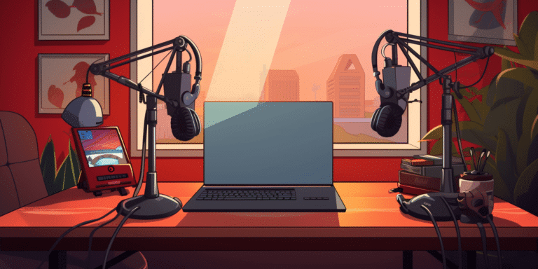 Desk setup for podcast production business with microphones for audio editing.