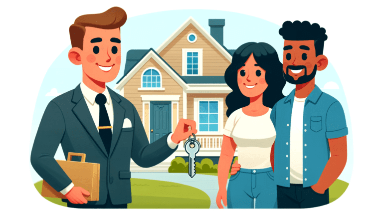 Smiling real estate agent with a key, and a couple admiring their new home in front of a residential house.