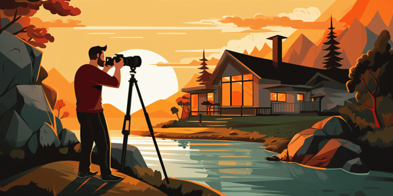 Man uses camera on tripod to capture serene real estate photography photo of river front home.