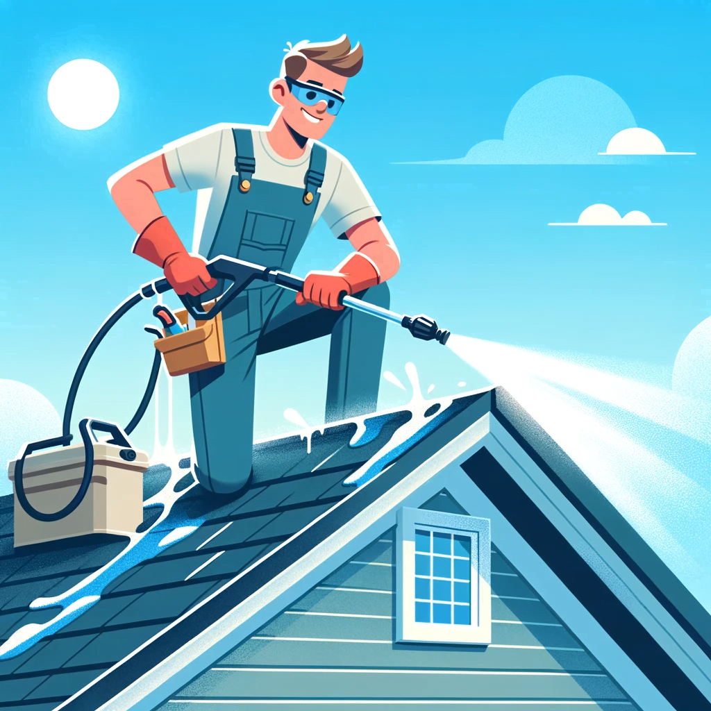 The scene depicts a person using a pressure washer on a residential roof.