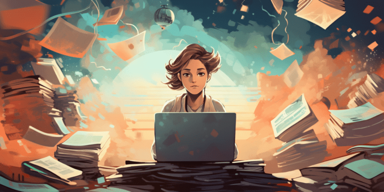 Girl surrounded by study notes working from a laptop, selling study guides online for money