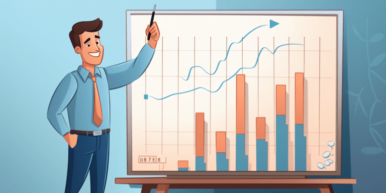SEO services business owner standing in front of chart showing increased SEO ranking