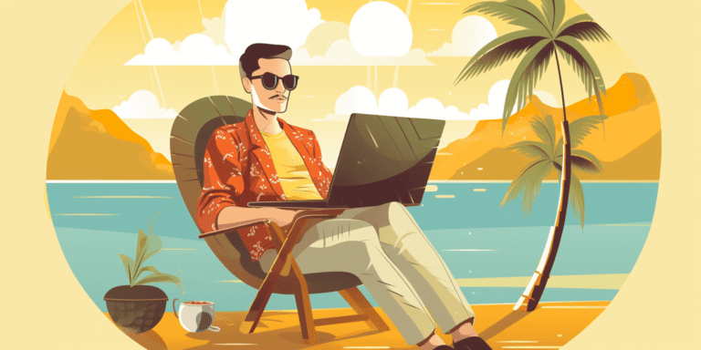 A man relaxing on a beach with his laptop enjoying his side hustle benefits