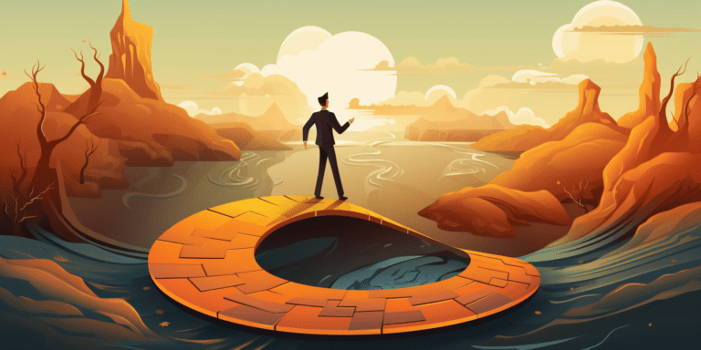 Man standing on a circular path that leads nowhere, surrounded by water, representing side hustle challenges