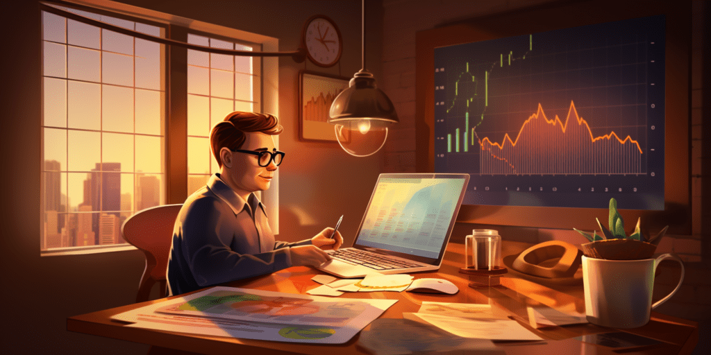 Business man sitting in front of computer reviewing his side hustle finances