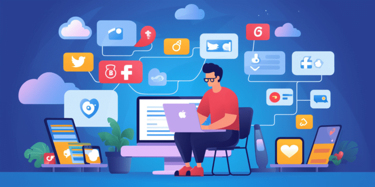 Man sitting with laptop. Social media windows and logos floating around to symbolize his Social Media Management business.