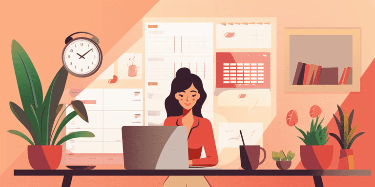 Virtual Assistant working at desk surrounded by business related items while performing virtual assistant work from home