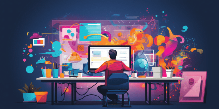 Web developer sitting at desk with computer screen showing website web design to make money.