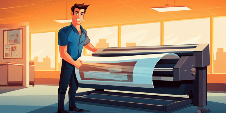 Man holding window cling being printed for his window decal business from home.