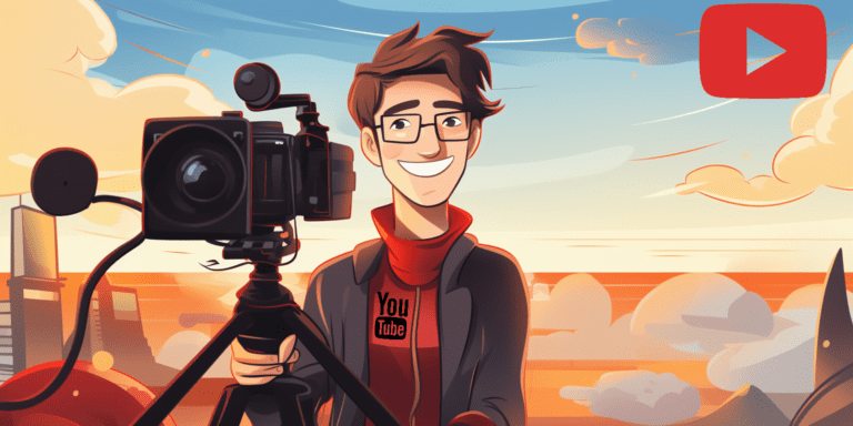 YouTuber standing behind video camera earning money through YouTube Monetization