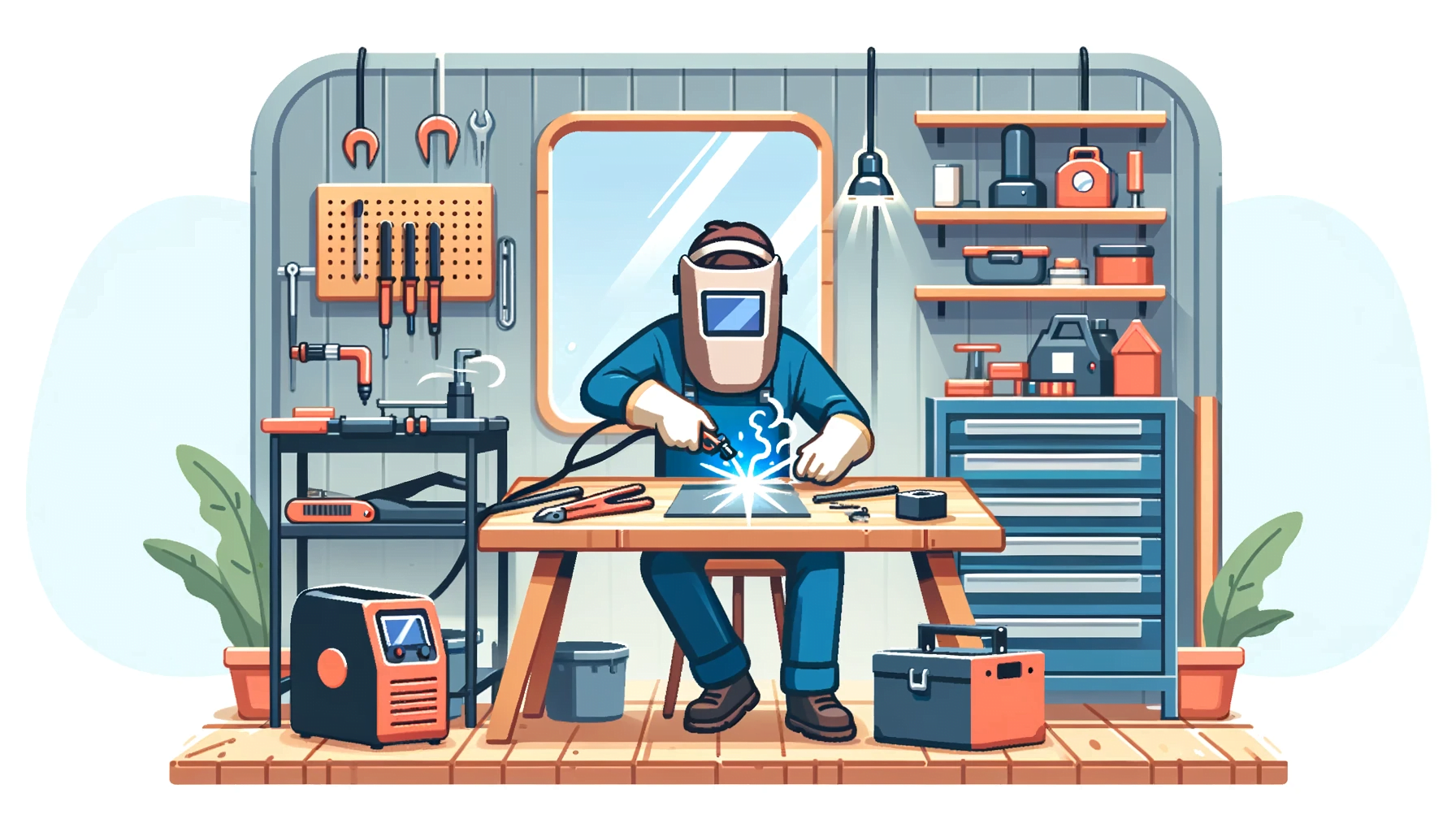 A home-based welding workshop with a person wearing safety gear working on a metal project. The workshop is well-organized, with a welding machine and a workbench.