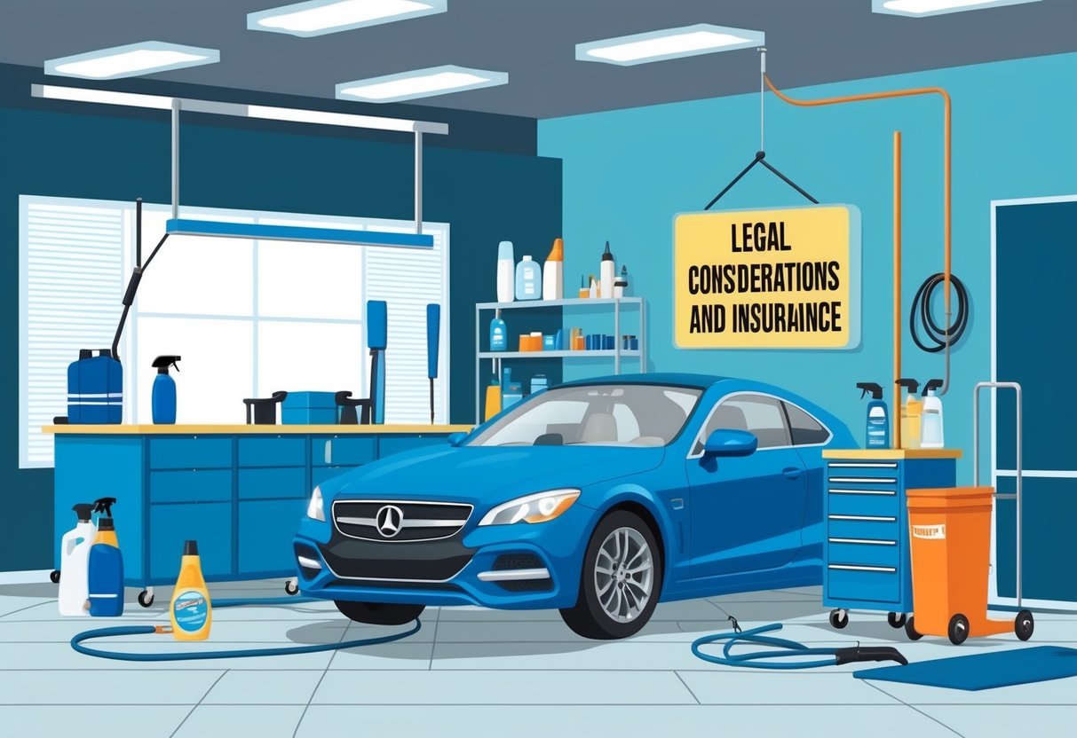 A professional car detailing business with a sign displaying "Legal Considerations and Insurance" on a clean and organized workspace with various detailing tools and products