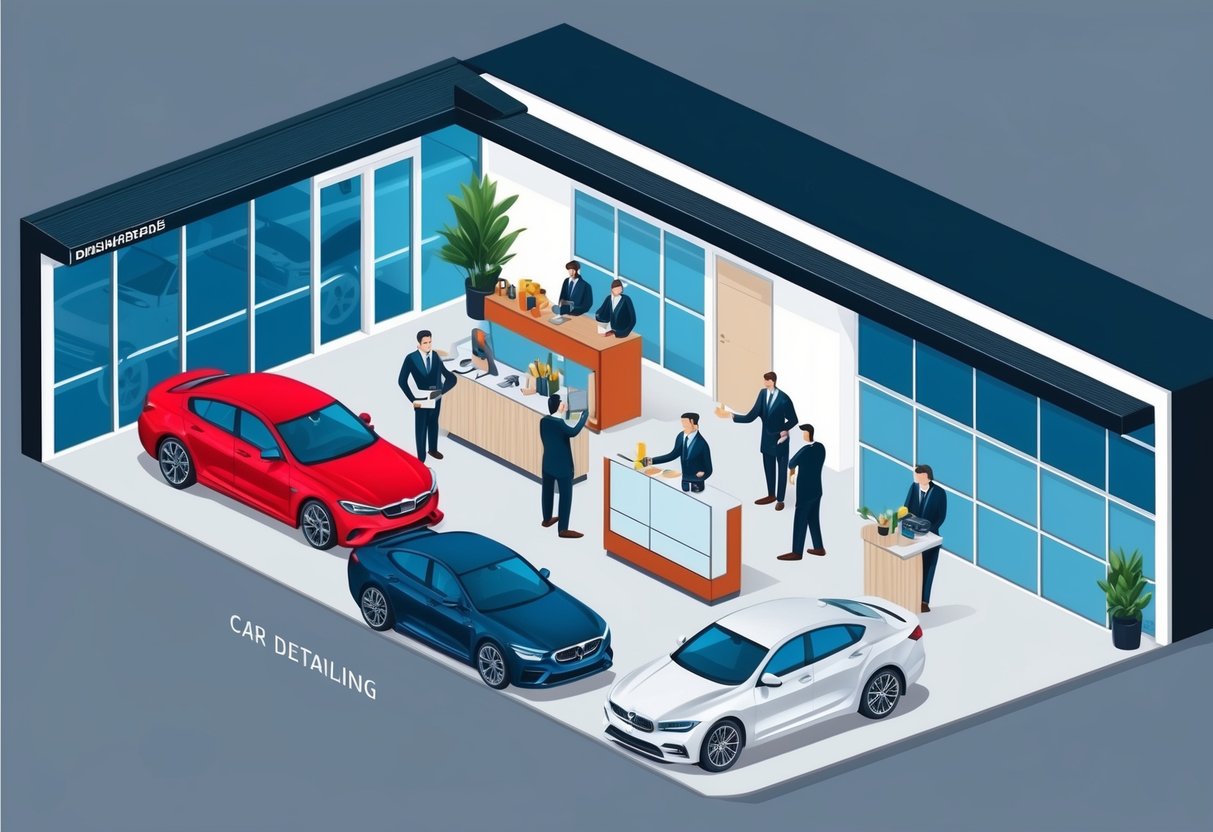 A sleek, modern car detailing business with a professional recruitment and staff management team working efficiently