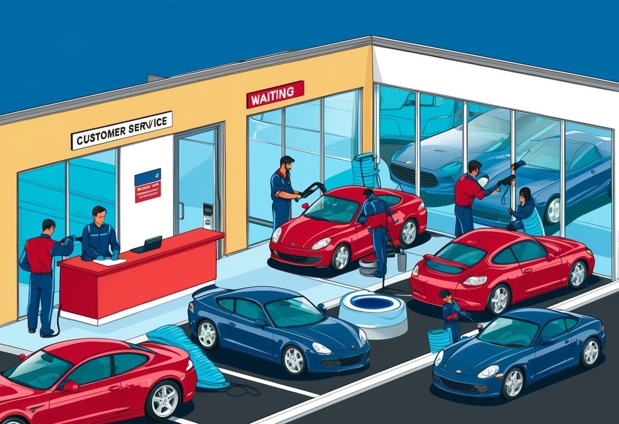 A professional car detailing business with a customer service desk, a waiting area, and a team of workers cleaning and polishing cars