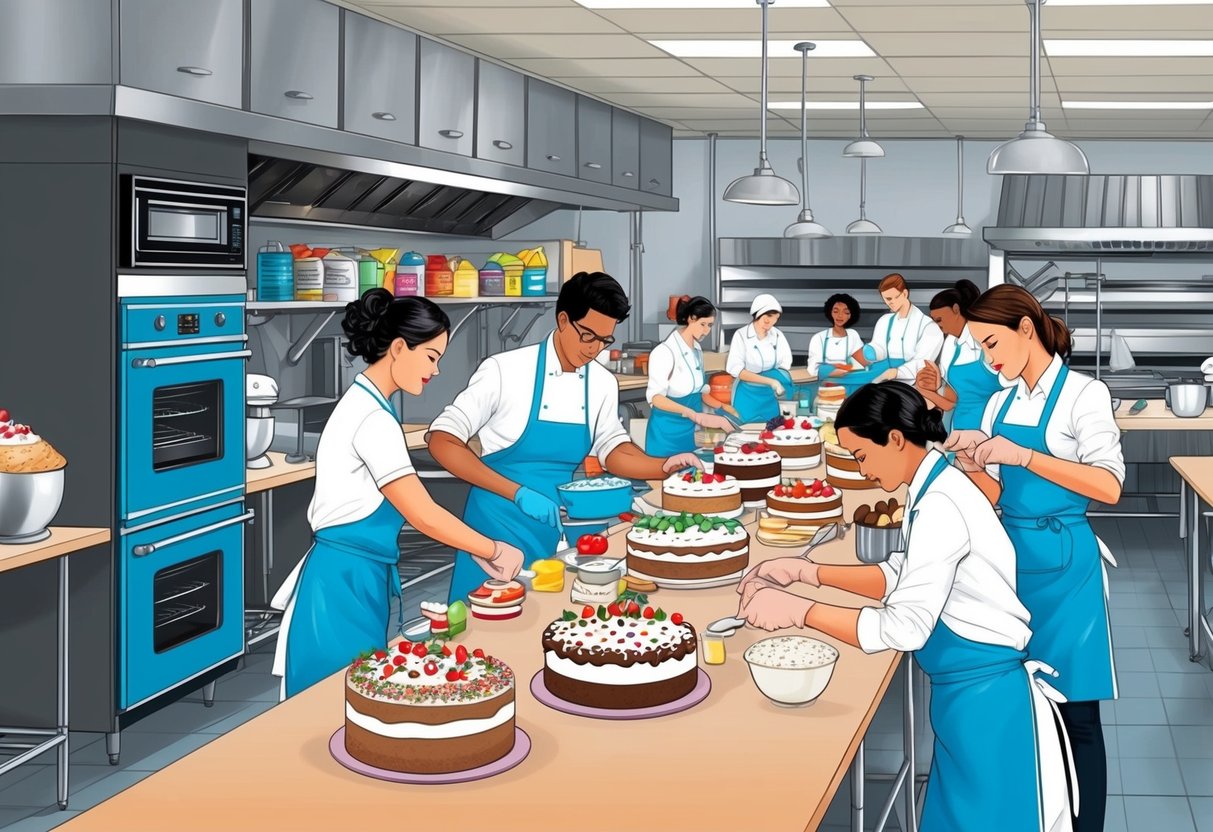 A bustling bakery kitchen with ovens, mixers, and colorful ingredients. A team of workers efficiently decorate cakes on a long table