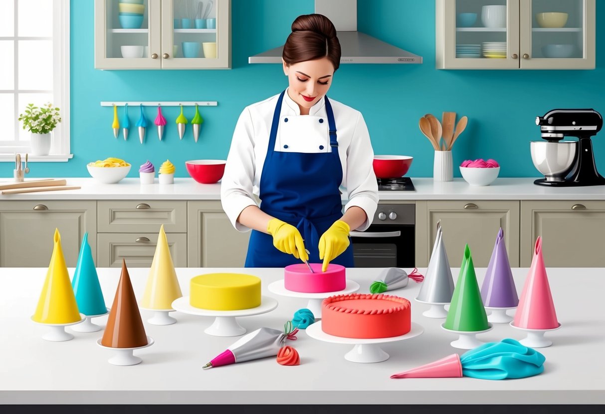 A cake decorator carefully arranges colorful fondant and piping bags on a clean, organized work surface in a well-lit kitchen