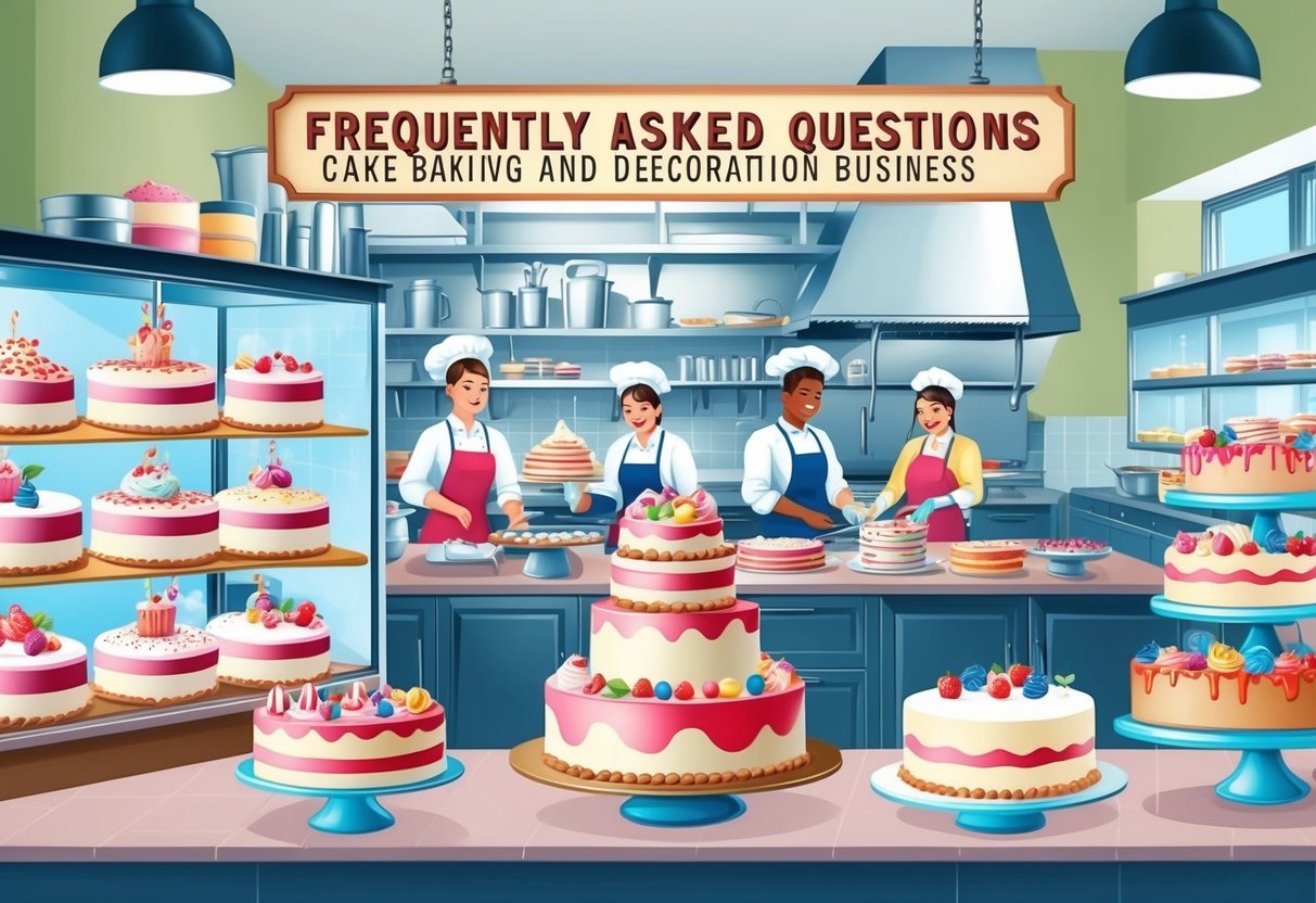 A bustling bakery kitchen with a display of beautifully decorated cakes and a sign reading "Frequently Asked Questions Cake Baking and Decoration Business"